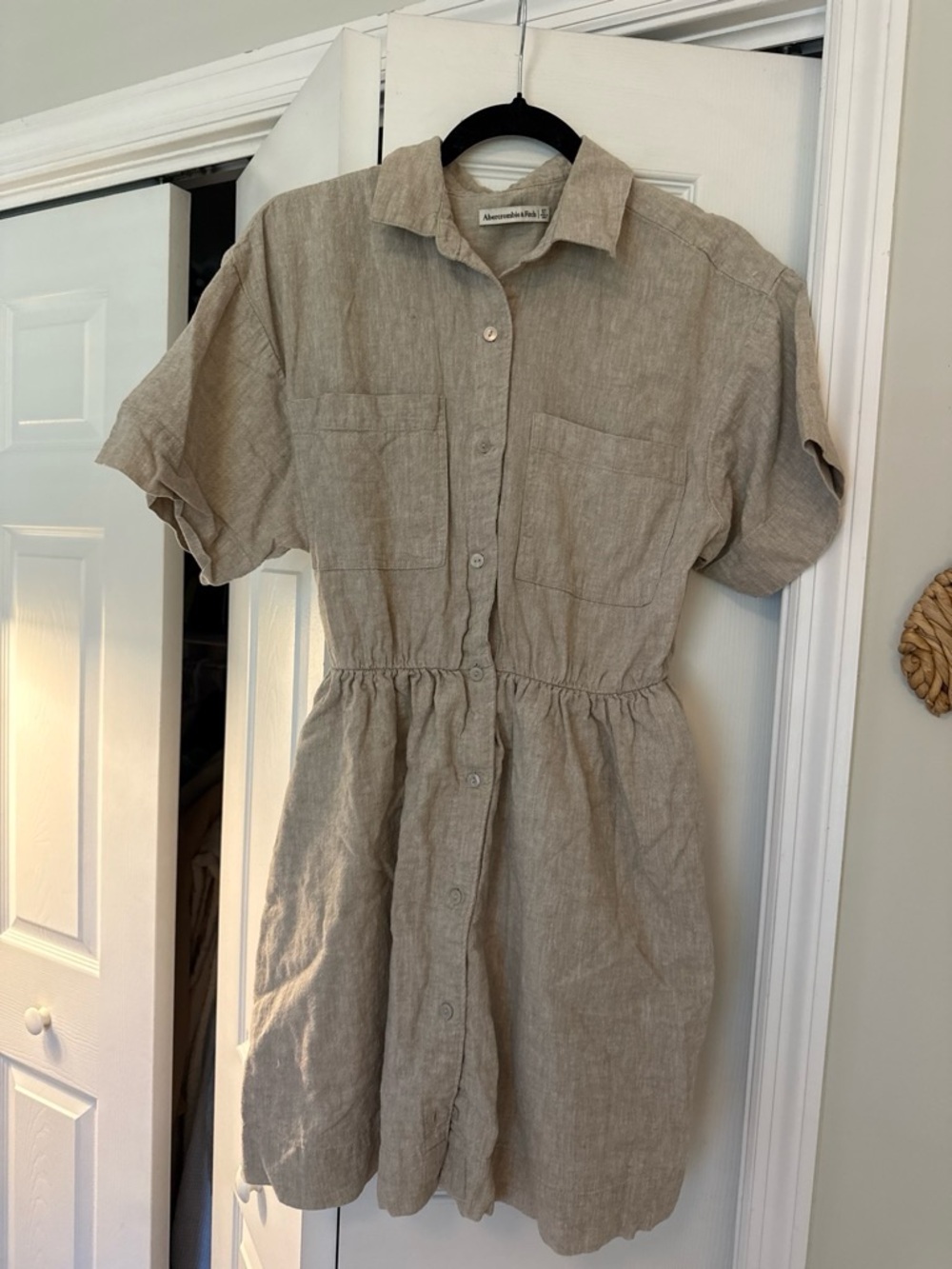 Abercrombie & Fitch Neutral Beige Linen-Blend Button Front Dress